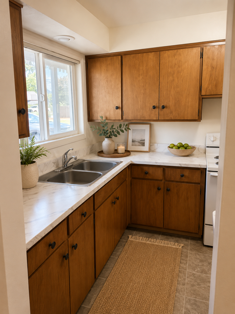 A kitchen with wooden cabinets and a white countertop.