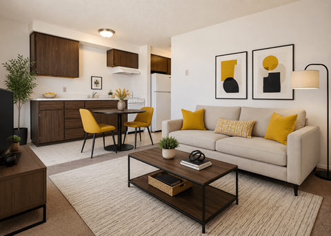 A living room with a grey couch, yellow chairs, and a coffee table.