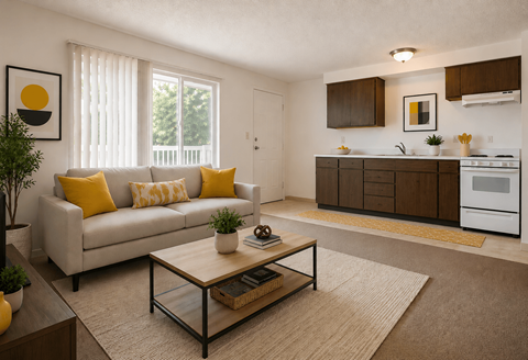 A living room with a white couch and yellow pillows.