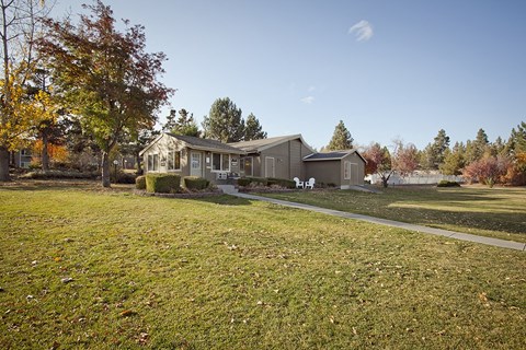 a view of a house with a yard in front of it