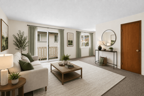 A living room with a white couch, a coffee table, and a lamp.