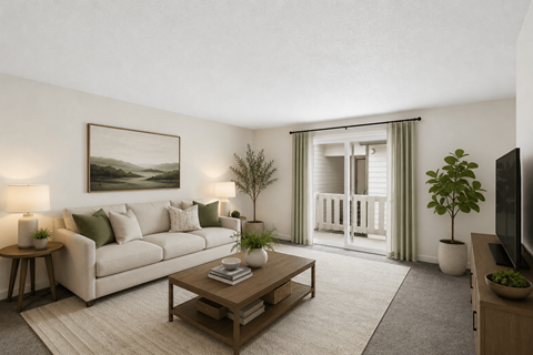 A living room with a couch, a coffee table, and a painting on the wall.