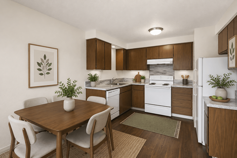 A kitchen with a table and chairs in the foreground and a refrigerator, oven, and sink in the background.