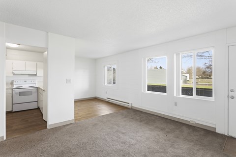 A spacious living room with a grey carpet and white walls.