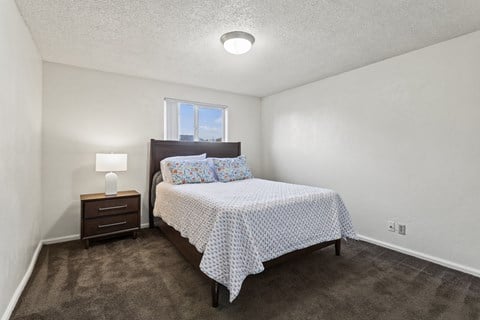 A bedroom with a bed, nightstand, and carpet.