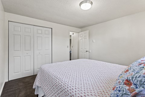 A bedroom with a bed, two closets, and a carpeted floor.