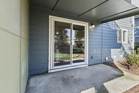 A patio area with a sliding glass door.