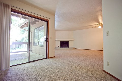 an empty living room with a fireplace and a sliding glass door