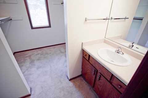 an empty bathroom with a sink and a mirror