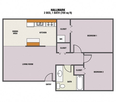 A floor plan of a 2 bedroom, 1 bathroom hallmark apartment.