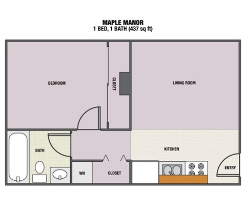 A floor plan of a one bedroom apartment with a bath and living room.
