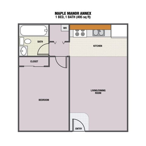 A floor plan of a one bedroom, one bath apartment.