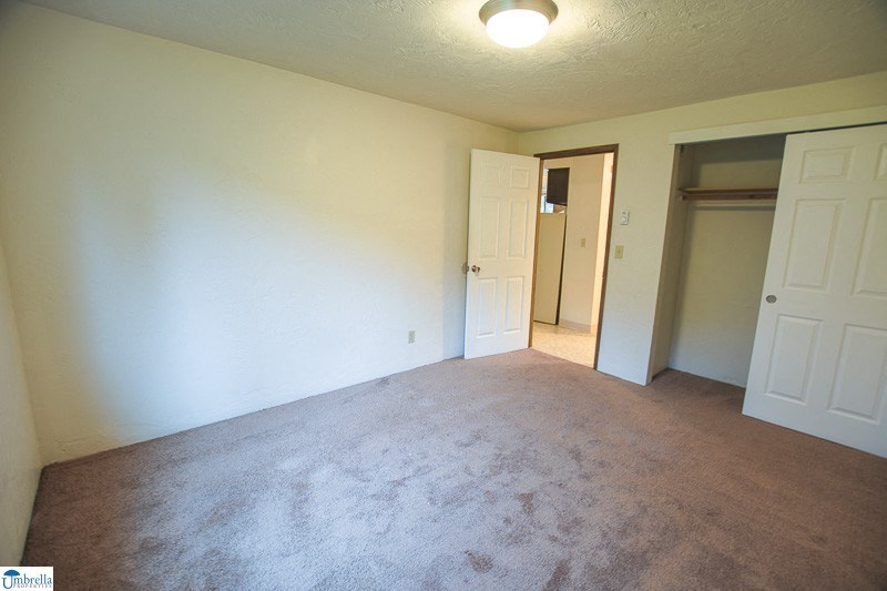 an empty living room with carpet and a door to a closet