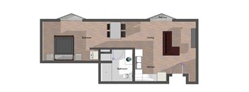 1 Bedroom, 1 Bathroom in Building B. 642 square feet