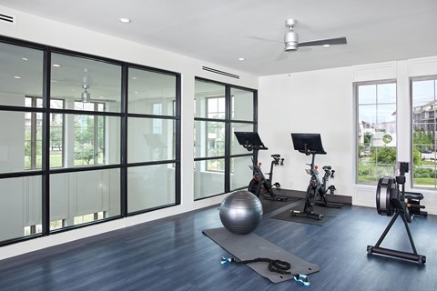 Fitness center with two exercise bikes and medicine ball