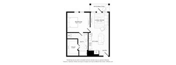 A floor plan of a house with a bedroom, living room, kitchen, bath, and entry.