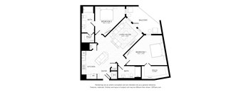 A black and white floor plan of a house with a living room, two bedrooms, a kitchen, a bathroom, a balcony, a walk-in closet, and an entry.