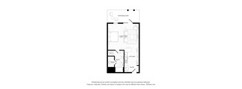 A floor plan of a home with a living area, kitchen, and bathroom.