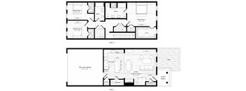 A black and white image of a two level house floor plan.