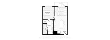 A black and white drawing of a house plan with a living room, bedroom, bathroom, kitchen and entry.