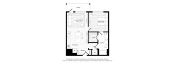 A black and white drawing of a house layout with a living room, bedroom, bathroom, kitchen and closet.
