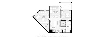 A black and white floor plan of a house with a study, living room, bedroom, bathroom, kitchen, and entry.