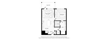 A black and white drawing of a house layout with a living room, bedroom, kitchen, and bath.