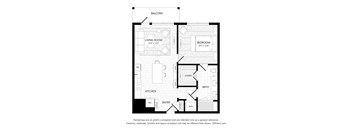 A black and white drawing of a house layout with a living room, bedroom, bathroom, kitchen and closet.