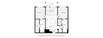 A black and white drawing of a house layout with two bedrooms, a living room, a bathroom, a kitchen, a closet, a door, and a reference.