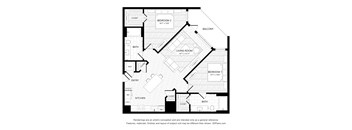 A black and white floor plan of a house with a living room, two bedrooms, a bath, a kitchen, a balcony, a study, and an entry.