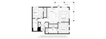 A black and white drawing of a house layout with two bedrooms, a living room, a kitchen, a bathroom, and an entry.
