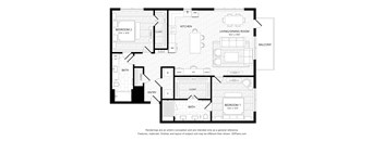 A black and white image of a floor plan for a home with three bedrooms, a kitchen, a living/dining room, a balcony, a bathroom, an entry, and a garage.