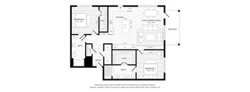A black and white floor plan of a house with two bedrooms, a living room, a kitchen, a bathroom, a balcony, and a den.