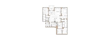 A floor plan of a house with a living room, kitchen, and two bathrooms.