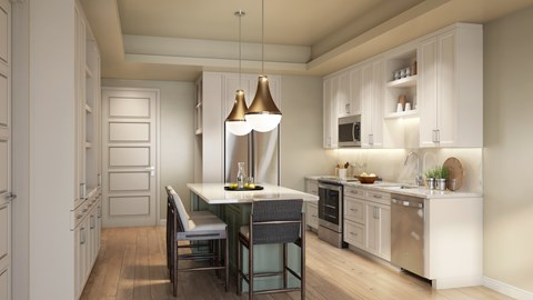 A modern kitchen with a dining table and chairs.