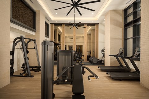 A gym with a variety of equipment including treadmills, weights, and a television.