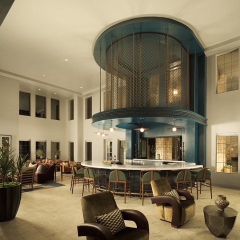 The Alyssa Clubhouse, lounge seating, barstools, light fixtures, Large windows