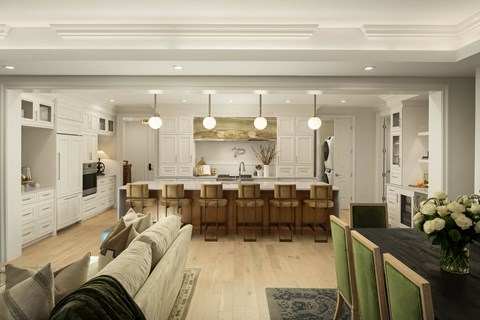 A modern kitchen with a dining area and a living room.