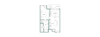 A floor plan of a house with a balcony, living room, kitchen, bath, and closet.