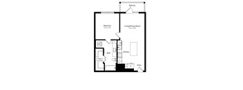 A black and white image of a floor plan for a home with a balcony, bedroom, living/dining room, kitchen, bath, entry, and walk-in closet.