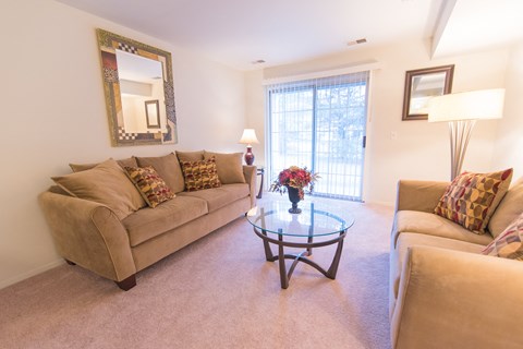 a living room with couches and a glass coffee table