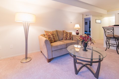 a living room with a couch and a glass coffee table