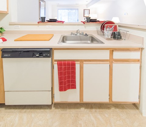 a kitchen with white cabinets and a sink and a dishwasher