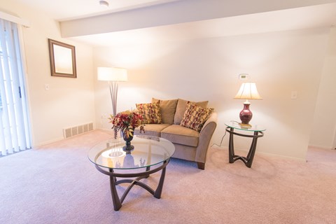 a living room with a couch and a coffee table