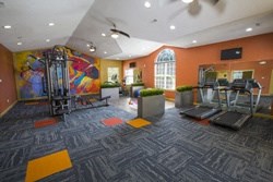 a gym with cardio equipment and a colorful painting on the wall