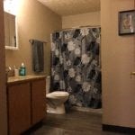 a bathroom with a toilet and a shower curtain