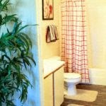 a bathroom with a toilet and a green plant