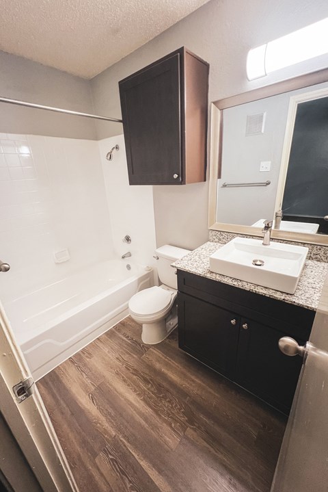a bathroom with a sink toilet and shower in Dallas, TX, 75216