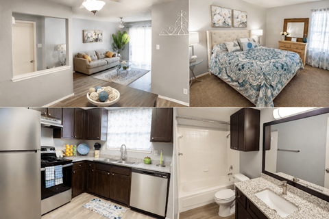 A series of images showing a well-furnished and clean apartment.