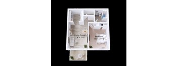 A floor plan of a small apartment with a living room and bedroom.